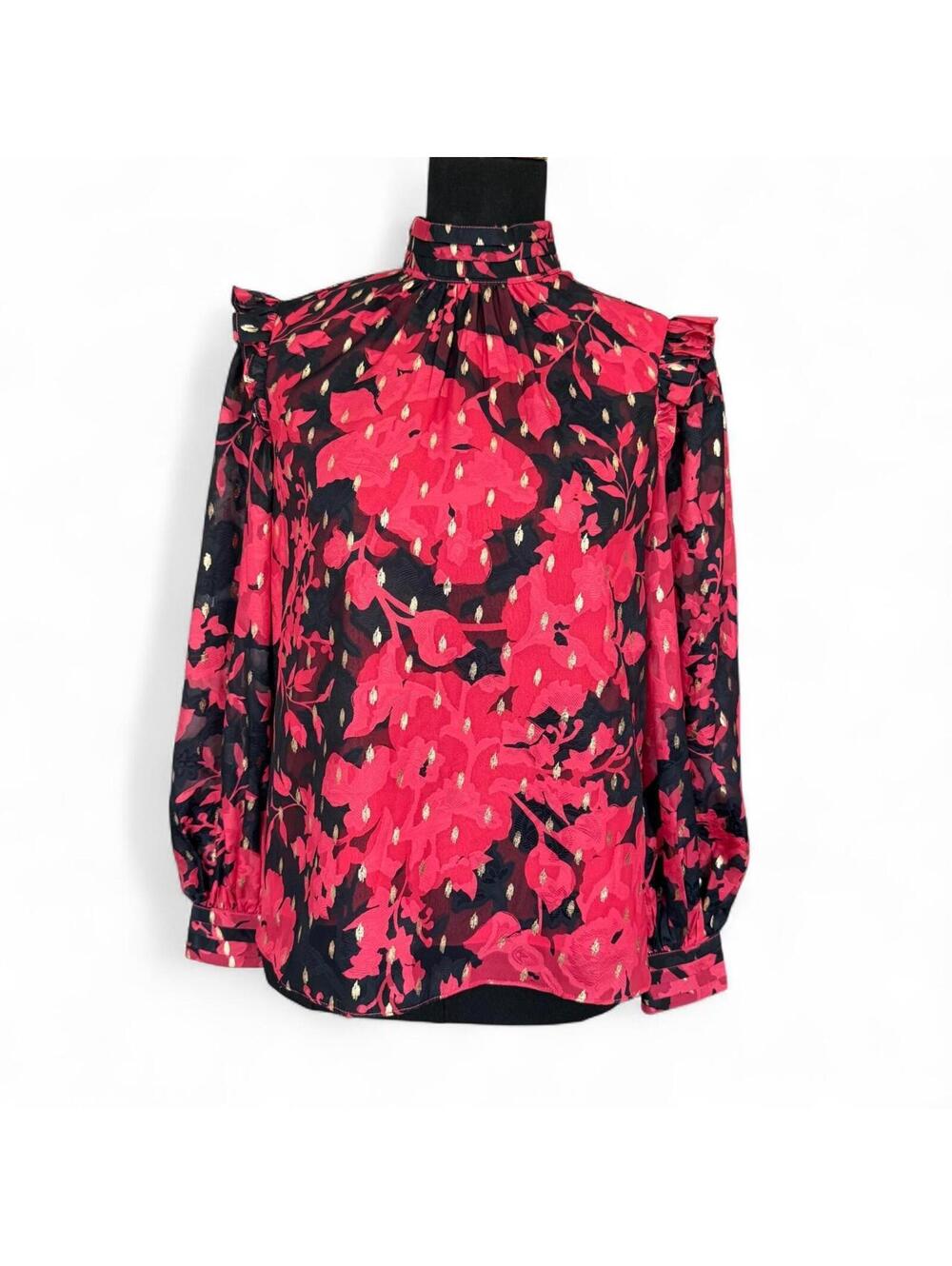 Anthropologie Women's Red, Black and Gold Floral Blouse size Small
